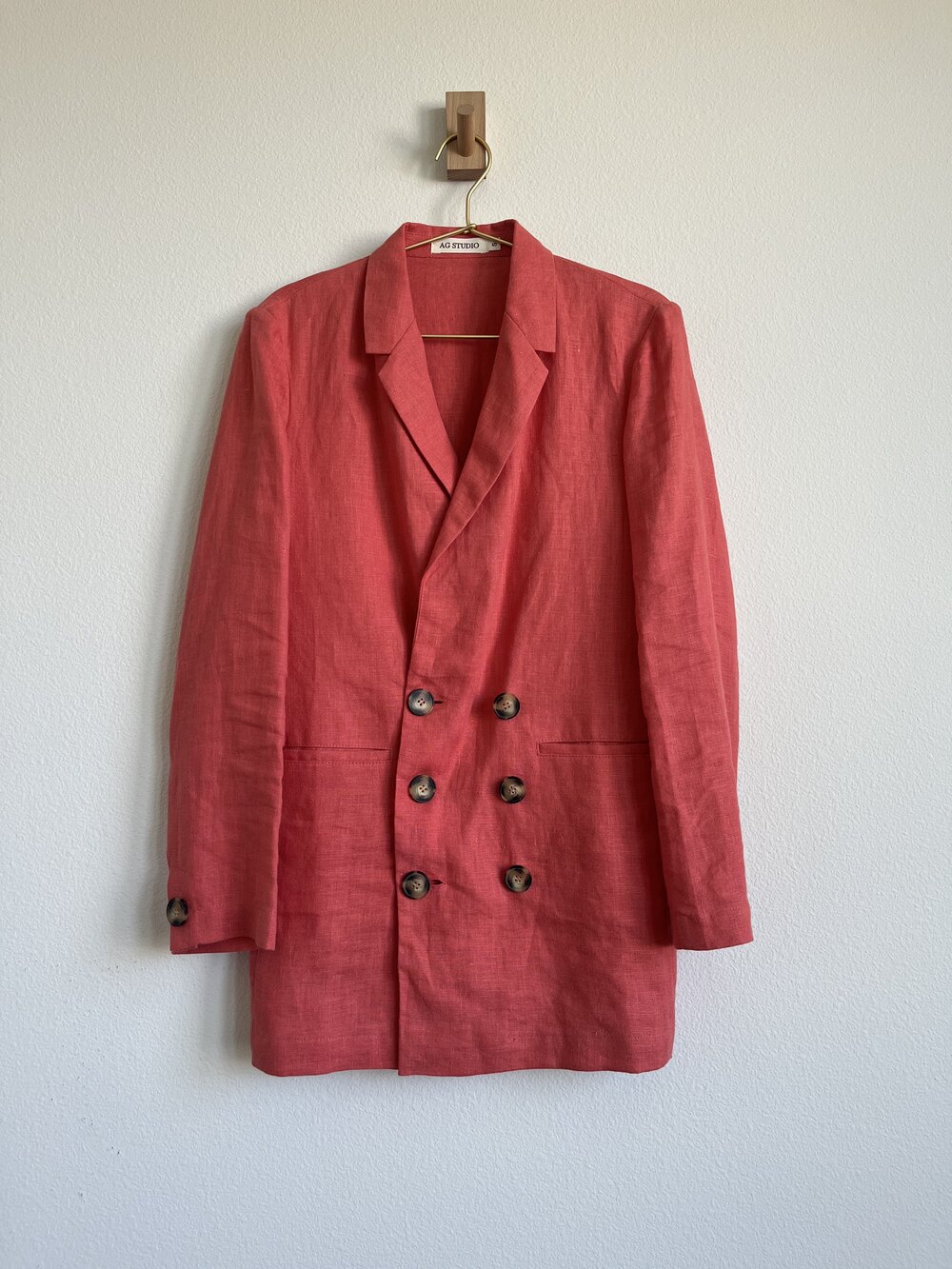 AG Studio Coastal Clean Girl Coral Double Breasted 100% Linen Longline Blazer